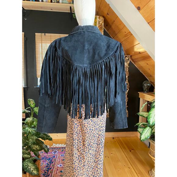Leather Fringe Jacket Black Vintage - Picture 8 of 9